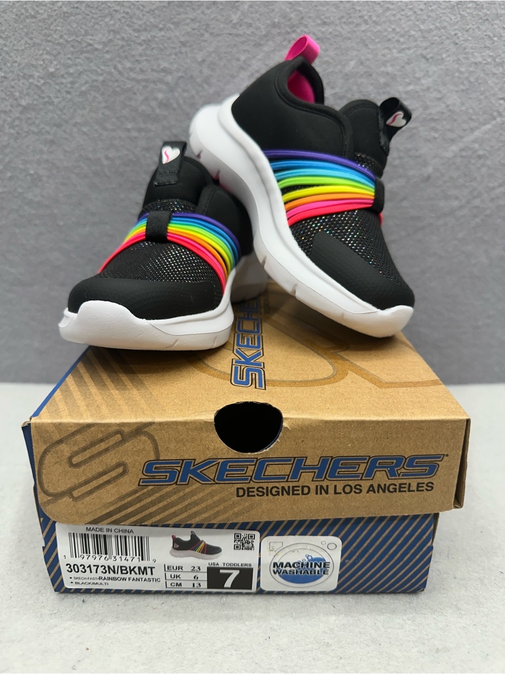 Skechers Kids Toddler Girls Black Rainbow Fantastic Slip On Shoes Size 7